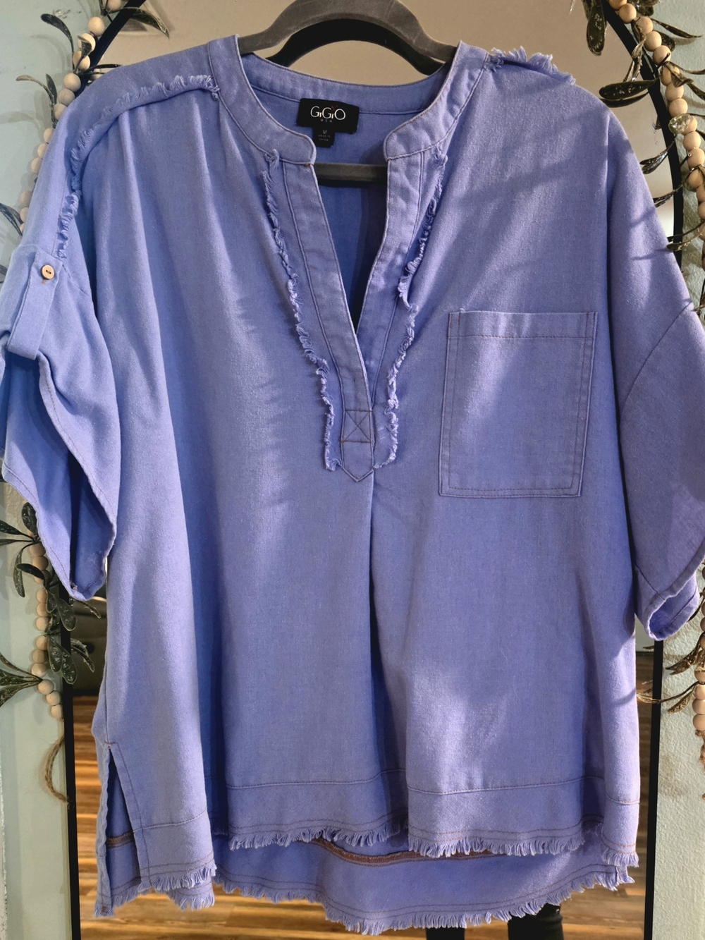 GiGiO Periwinkle Frayed V-Neck Pocket Top